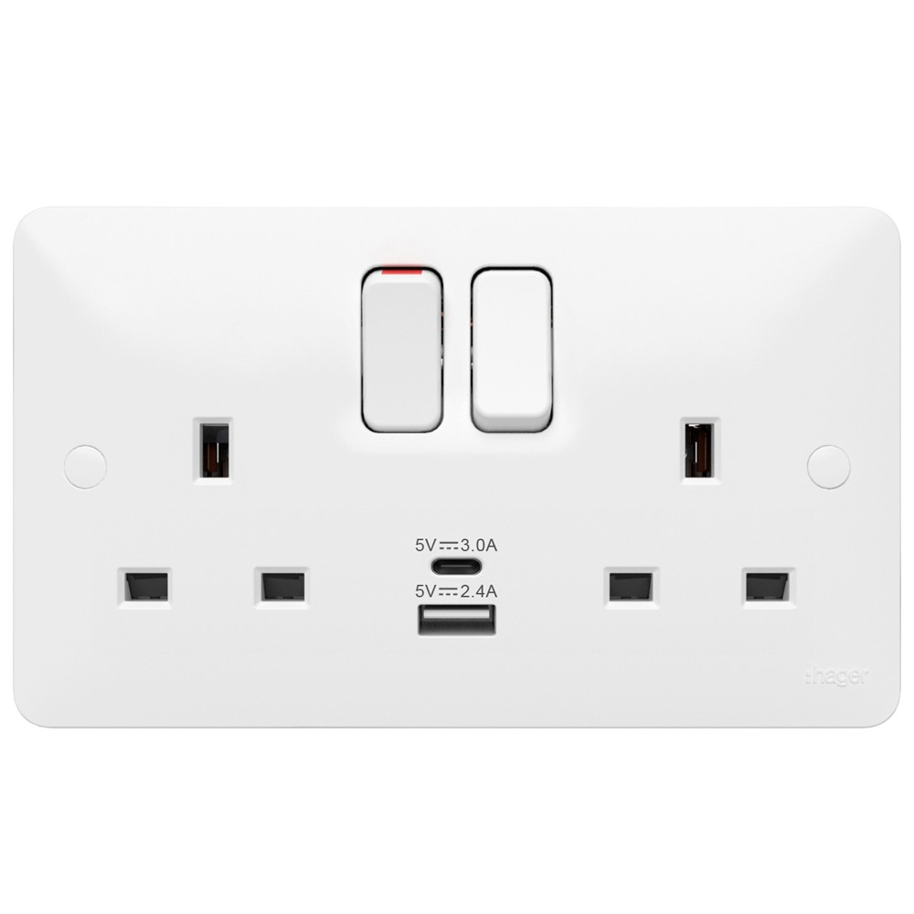 WMSS82USBAC Hager 13A 2 Gang Switched Socket with USB A/C White